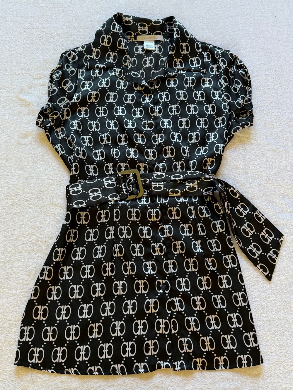 Charlotte Russe Black & White Logo Print Short Sleeve Shirt Dress with Belt